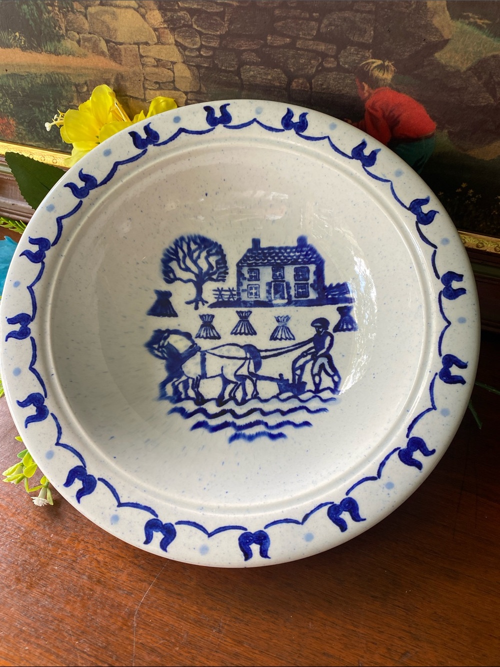 Vintage Metlox Poppytrail Provincial Blue/White Dinner Bowl Hand-Decorated Scene